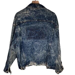 VINTAGE TYCA Embossed Denim Jean Jacket Acid Wash Pharmacy Postage 1990s L